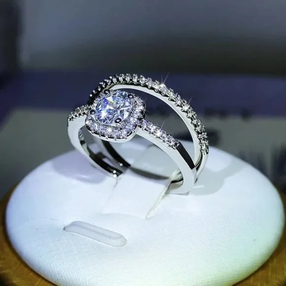 925 Sterling Silver Popular Four-Claw Fashion Ring Two-Piece For Ladies Wedding - Picture 3 of 5